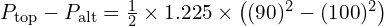 P_{\text{top}} - P_{\text{alt}} = \frac{1}{2} \times 1.225 \times \left( (90)^2 - (100)^2 \right)