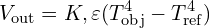 \[V_{\text{out}} = K , \varepsilon (T_{\text{obj}}^4 - T_{\text{ref}}^4)\]