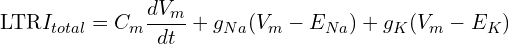 \[\text{\textdir LTR}I_{total} = C_m \frac{dV_m}{dt} + g_{Na}(V_m - E_{Na}) + g_K(V_m - E_{K})\]